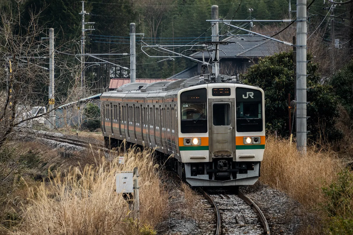 吾妻線、祖母島駅に入線する普通列車（211系）